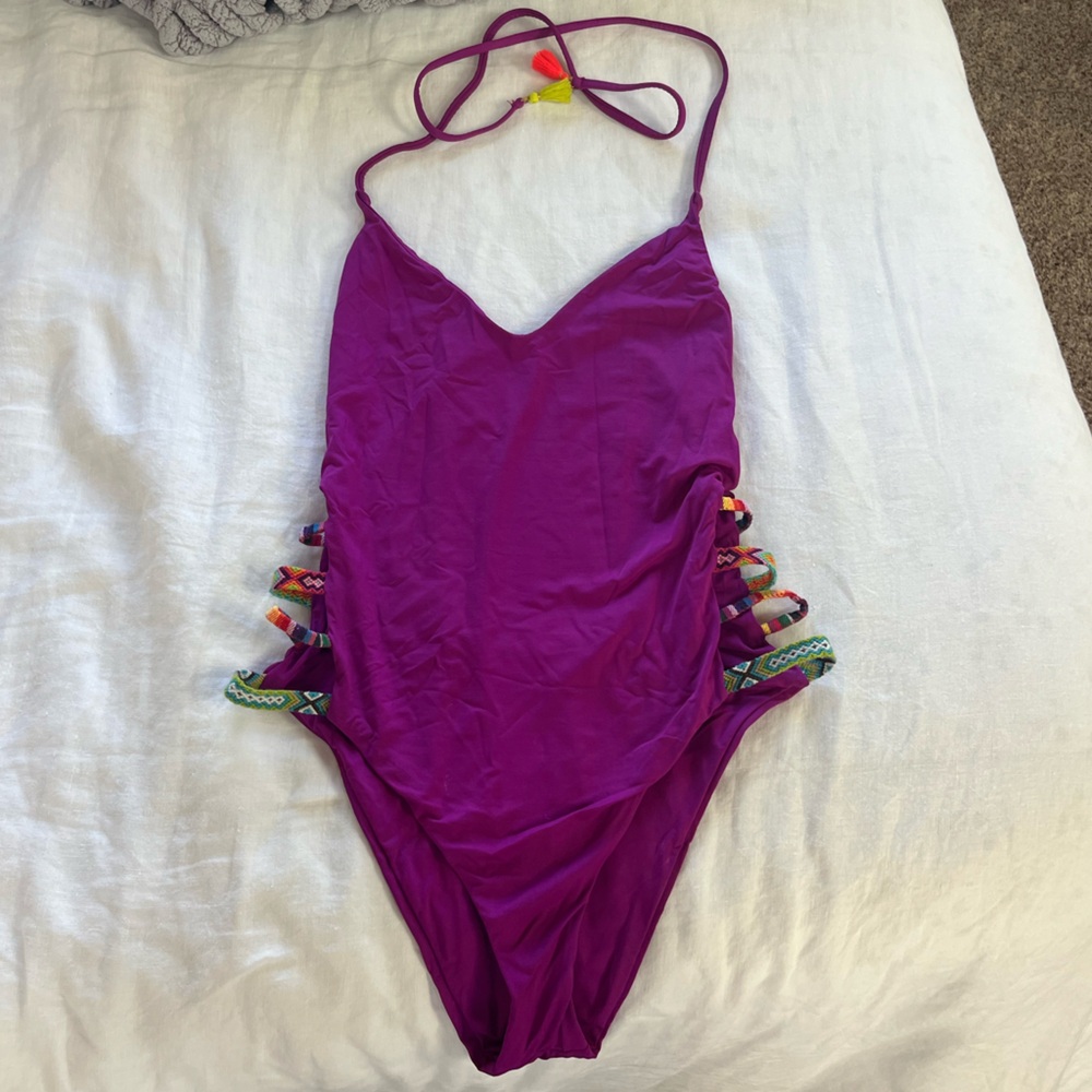 Isabella Rose Purple One-Piece Swimsuit with Colorful Accents and High-rise cut